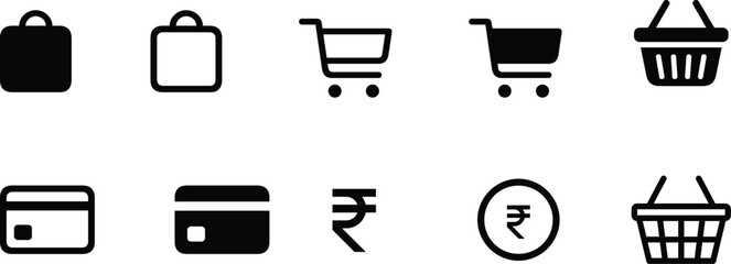 Ecommerce icon collection set. Containing shopping cart, bag, credit cards, basket icons. Simple flat vector.