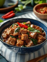 Delicious Asian Cuisine with Spicy Meat and Fresh Basil Garnish