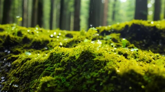Lush Vibrant Green Moss Spreading Across a Damp Forest Floor in a Cinematic Close Up Showing Rich Texture and Natural Growth in a Serene Woodland Environment