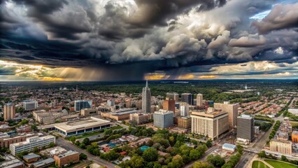 Obraz premium Aerial view of a city with a large building motion and dark clouds moving slowly across the sky, cloud movement, building motion
