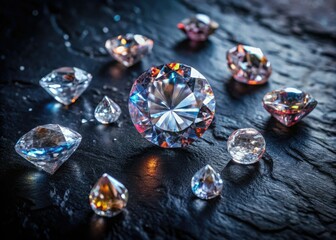 Drone captures raw gemstones scattered on black rock; uncut diamonds gleam, a breathtaking aerial view of crystal mining.