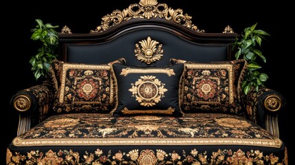 Elegant Gold Ornate Sofa with Pillows and Plants