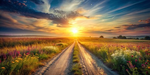 Lonely Rural Dirt Road, Sunny Day Double Exposure Stock Photo