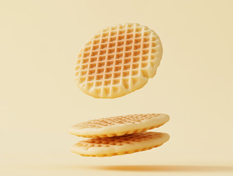 Floating Waffle: A trio of freshly baked, golden-brown waffles float effortlessly against a soft yellow backdrop, creating a captivating and appetizing image of deliciousness. The waffle's crisp.