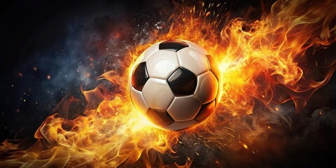 Fototapeta premium A soccer ball embedded in a blazing inferno, surrounded by flames and sparks , fiery passion, burning