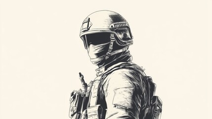 Naklejka premium Close-up grayscale illustration of a soldier in tactical gear.