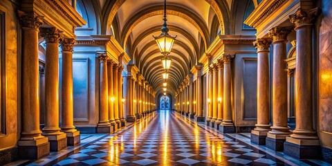Obraz premium Long Corridor with Elegant Pillars, Ample Copy Space - Architectural Stock Photo