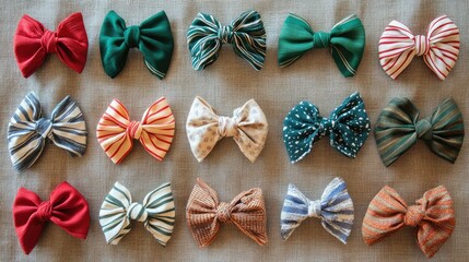 A collection of ribbon-decorated headbands arranged in a grid pattern on a fabric surface.