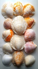 A texture of overlapping seashells in neutral and pastel tones.