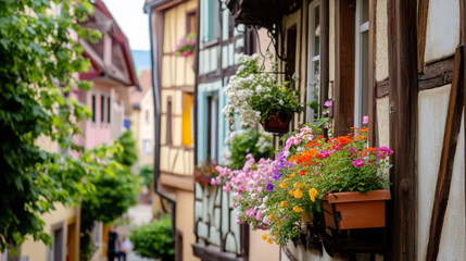 Naklejka premium Charming elderly woman caring for vibrant flowers on quaint village street
