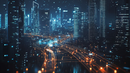 Abstract business woman stands on Smart digital Innovation city with connection network reciprocity over the twilight cityscape. of future  wireless digital city and social media networking systems