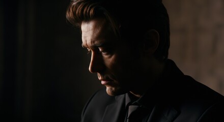Intense profile of a man in a dark suit, conveying deep emotion and contemplation
