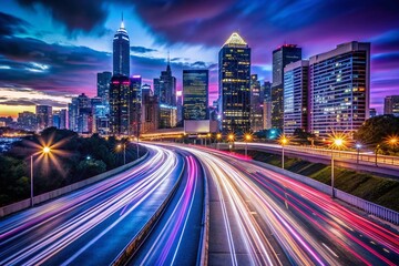Fototapeta premium Long Exposure City Lights Streaks at Night, Urban Skyline, Glowing Metropolis