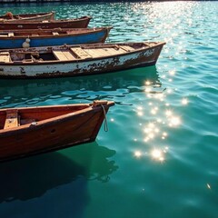 Obraz premium Sparkling water beneath weathered wooden boat moorings, glisten, calm