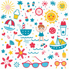 Fototapeta premium Happy summer child playing in the sea with various summer icons.