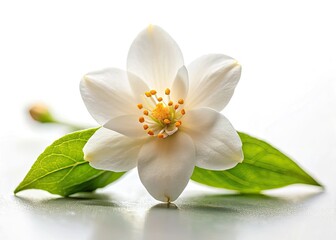 Exquisite blooming jasmine, isolated on white, captured in low light; a macro close-up revealing elegant details.