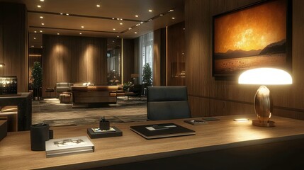 Luxury office, city view, desk, night, modern