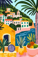 Mediterranean island. Vertical boho art, colorful poster in midcentury style