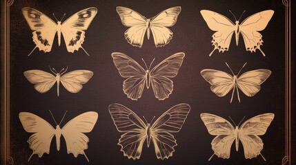 Fototapeta premium Elegant Golden Butterfly Collection Vintage Illustrations