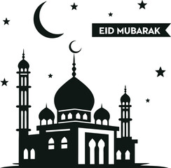 Simple silhouette of a mosque, Eid Mubarak greeting, suitable for Islamic celebration design.