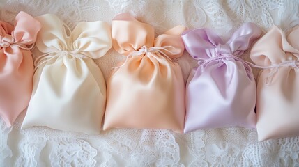A flat lay of pastel-colored fabric bags with matching ribbons, placed on a lace background.