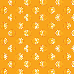 Seamless pattern of orange slices on a yellow background. Vector illustration