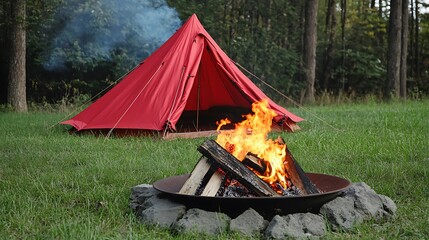 A red tent set up on green grass a fire pit burning a campfire in the foreground