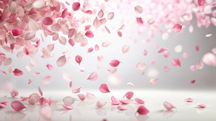 pink sakura petals falling softly on a serene white background, gently floating down like delicate snowflakes