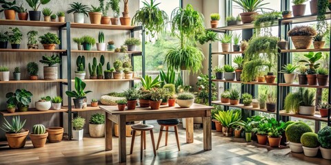 Fototapeta premium Interior of a room with various succulent plants arranged on shelves and tables, surrounded by lush greenery, with a few pots scattered around the floor , greenery background, indoor garden
