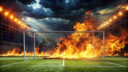 A burning football field with flames engulfing the goalposts and surrounding area, dynamism, sports,  dynamism, sports, passion