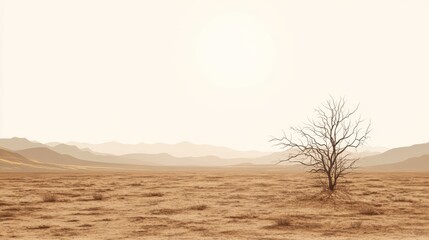 Naklejka premium Lone dead tree in a vast, arid desert landscape under a hazy sun.