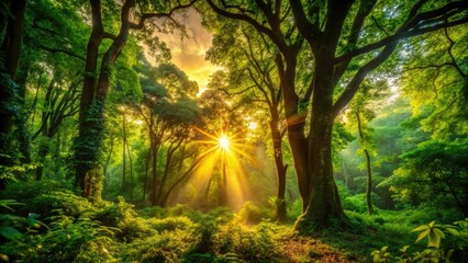 Obraz premium Golden hour paints a lush forest silhouette, sunbeams illuminating intricate details.