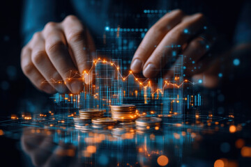 Person holds stack of coins, city backdrop.