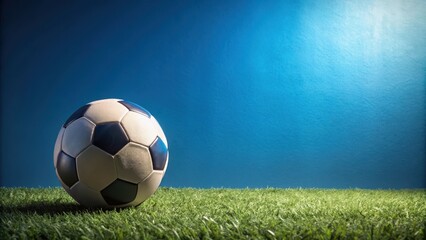 Fototapeta premium Soccer ball placed under foot on blue background with grass texture and subtle shadows, turf, natural light