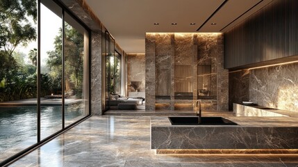 Luxury villa's indoor poolside spa; sunlit