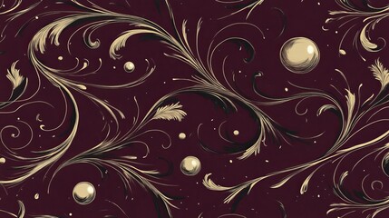 Elegant Golden Floral Design with Pearls on Deep Burgundy