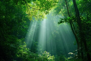 Obraz premium Serene forest landscape with sun rays filtering through lush green foliage, creating a peaceful and rejuvenating atmosphere in nature