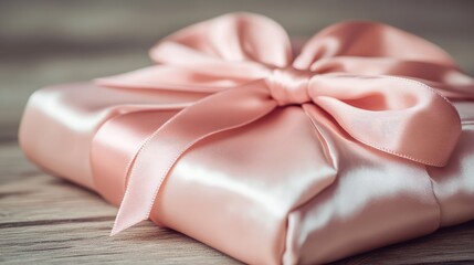 A ribbon-belted satin skirt folded neatly on a wooden tabletop.