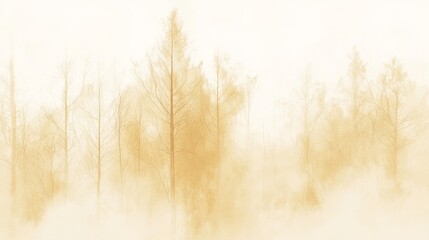 Fototapeta premium Misty, golden autumn forest scene with bare trees in fog.