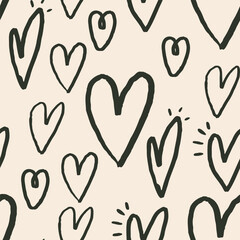 Black Stylized Heart Seamless Pattern. Sketch Love Wallpaper. Surface Hand Drawn Design for Textile Fabric Print