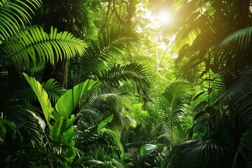 A dense tropical rainforest filled with vibrant green foliage and tall palm trees, illuminated by warm sunlight streaming through the canopy, creating a misty and serene atmosphere.