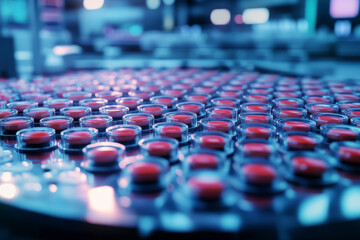 Obraz premium A visually engaging image of bright red pills meticulously arranged in a laboratory, symbolizing precision and order within the world of pharmaceuticals and medicine.