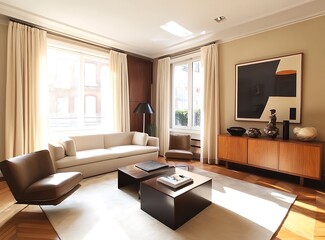 Contemporary beige living room featuring a modern sofa, armchair, and sleek coffee table with a wooden cabinet placed near the wall