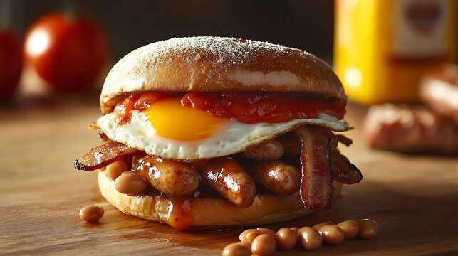 A traditional full english breakfast with sausages bacon beans grilled tomato fried egg