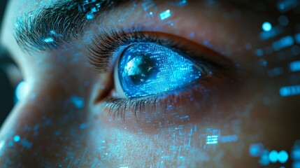 A humanoid robot with a luminous digital eye is deeply analyzing complex information in a sleek, futuristic setting. The atmosphere buzzes with advanced technology and innovation