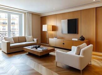 Fototapeta premium Contemporary beige living room featuring a modern sofa, armchair, and sleek coffee table with a wooden cabinet placed near the wall