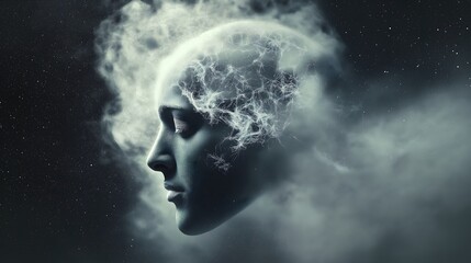 Surreal Digital Art Portrait of Human Face Dissolving into Mystical Smoke Creating Dramatic Artistic Conceptual Photography with Dream-like Effect