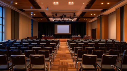 Fototapeta premium Empty conference room with stage and chairs for presentations