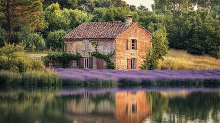 Obraz premium A serene countryside scene featuring a rustic house surrounded by lavender and a reflective pond.