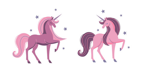 Flat-style illustration of two elegant unicorns with flowing manes and tails, surrounded by stars. Perfect for fantasy themes, children's products, magical stories, and whimsical designs.